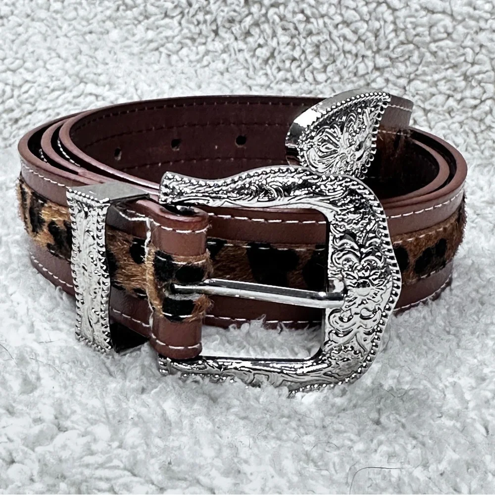 Cheetah /Leopard Western Style Cowgirl Boho Brown  Belt, Silver Buckle & Tip, L